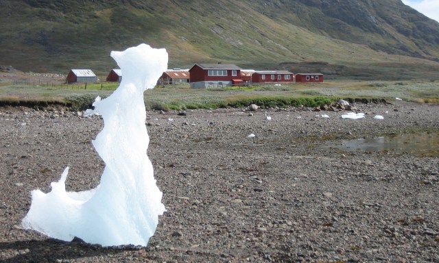 Narsaq Bay  -  rester av strandede isfjell danner isskulpturer på stranden